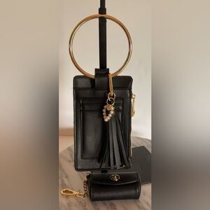 Women’s Small Black Wristlet W/ Lipstick Case, Tassel & Heart Charm Turn Lock